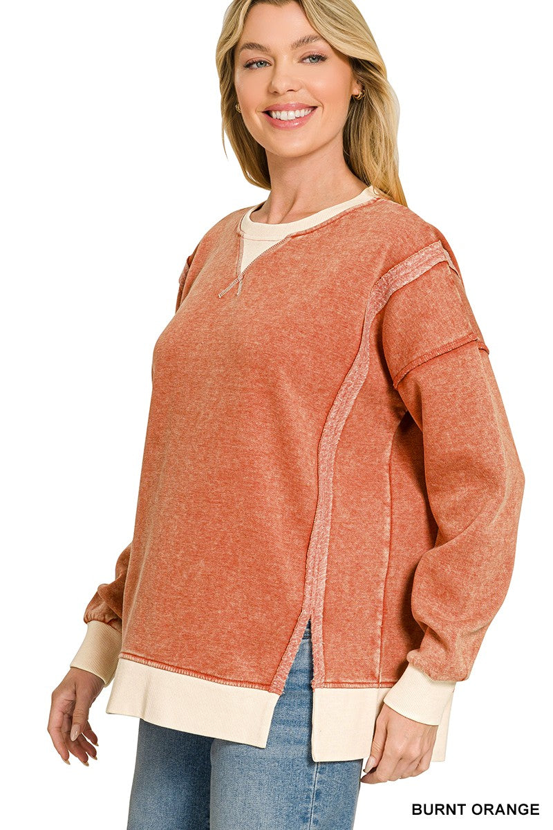 Fleece Acid Washed Contrast Trim Pullover