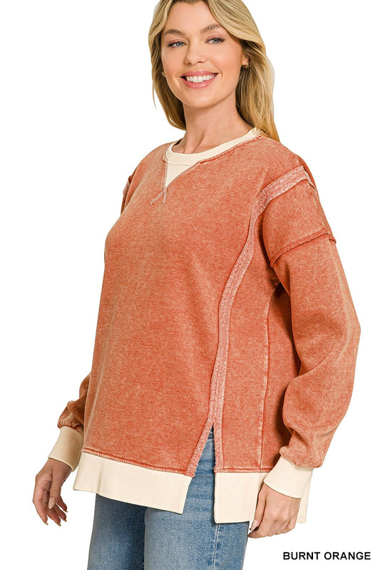 Fleece Acid Washed Contrast Trim Pullover