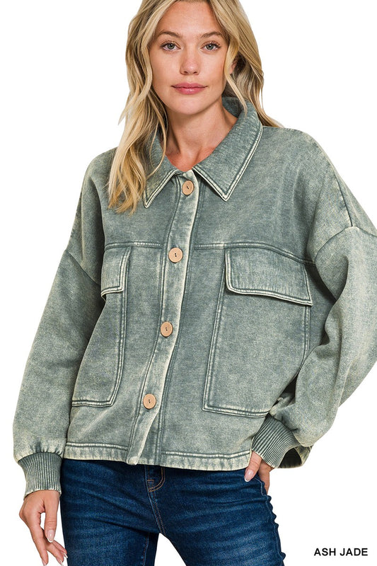 Acid Washed Fleece Front Pocket Cropped Shacket