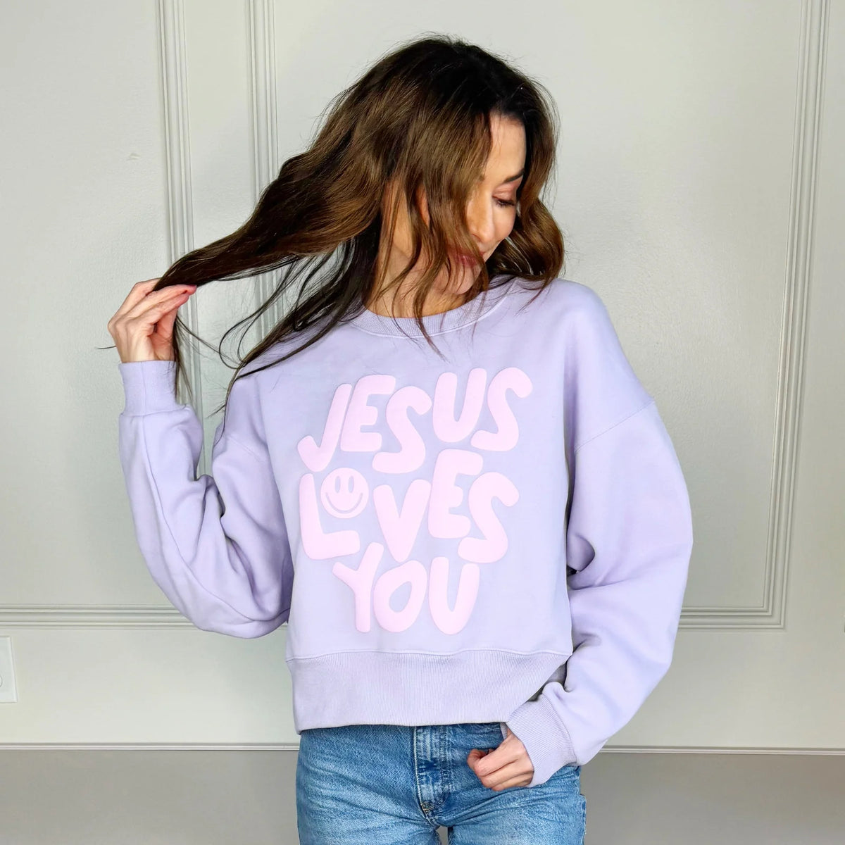 Jesus Loves You Puff Print Crop Sweatshirt
