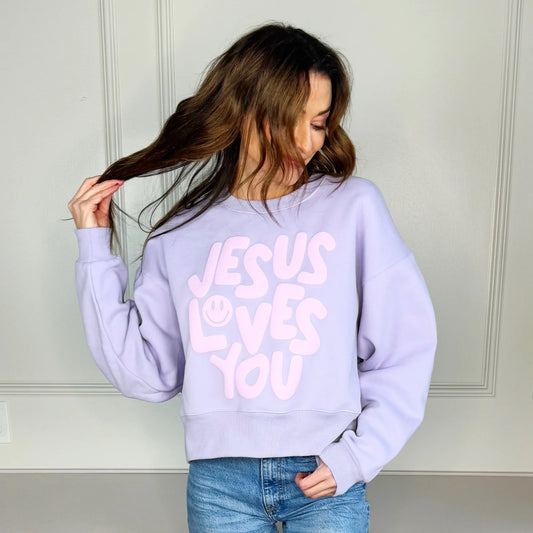 Jesus Loves You Puff Print Crop Sweatshirt