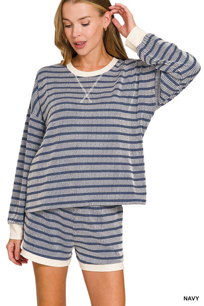 Raised Rib Striped Pullover & Shorts Set