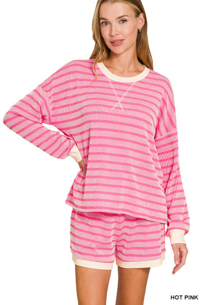Raised Rib Striped Pullover & Shorts Set