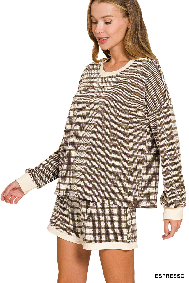 Raised Rib Striped Pullover & Shorts Set