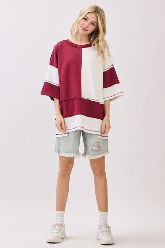 Oversized Color Block Game Day Tee - Burgandy