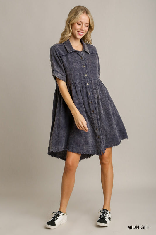 Mineral Wash Short Collared Dress - Midnight