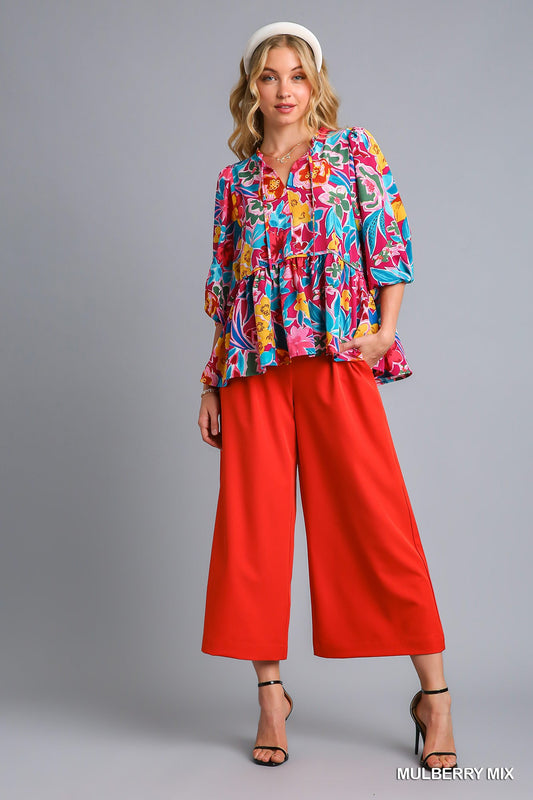Floral Print V-Neck Baby Doll Top - Mulberry