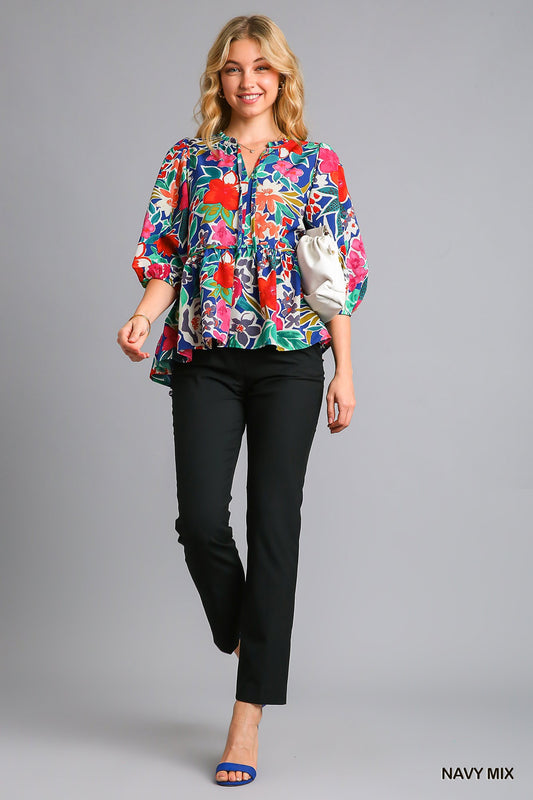Floral Print V-Neck Baby Doll Top - Navy