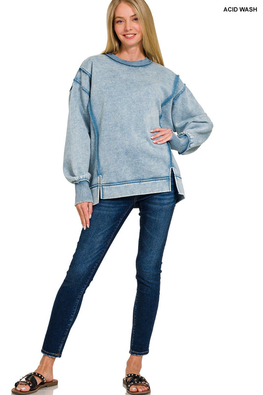 Acid Wash Exposed Seam Fleece Sweatshirt - Blue Grey