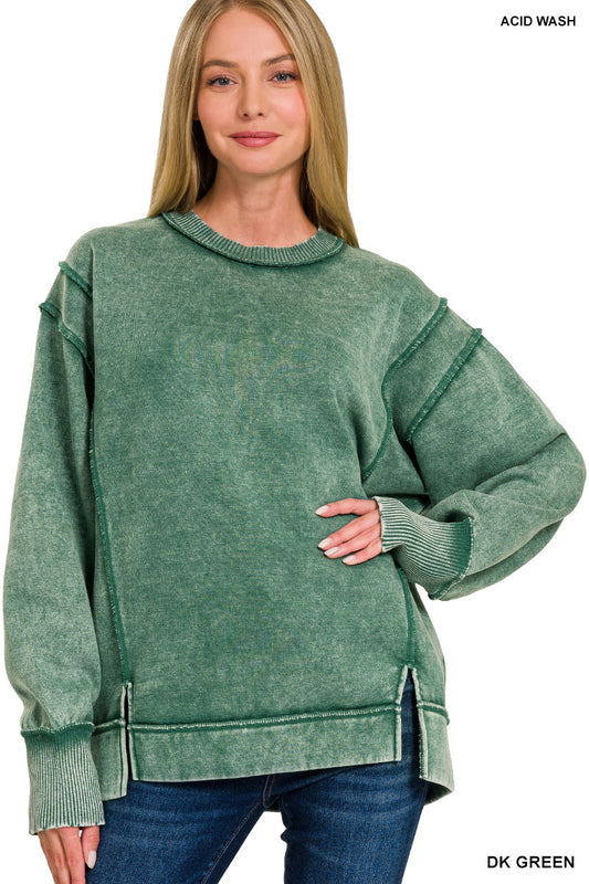 Acid Wash Exposed Seam Fleece Sweatshirt - Dk Green