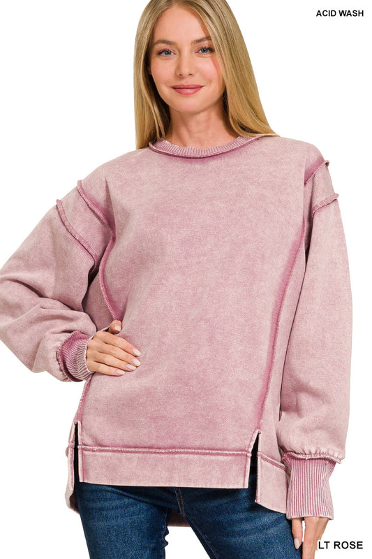 Acid Wash Exposed Seam Fleece Sweatshirt - Lt Rose