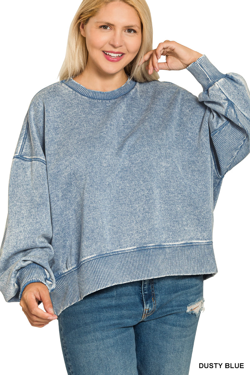 Plus Acid Wash Fleece Oversized Pullover