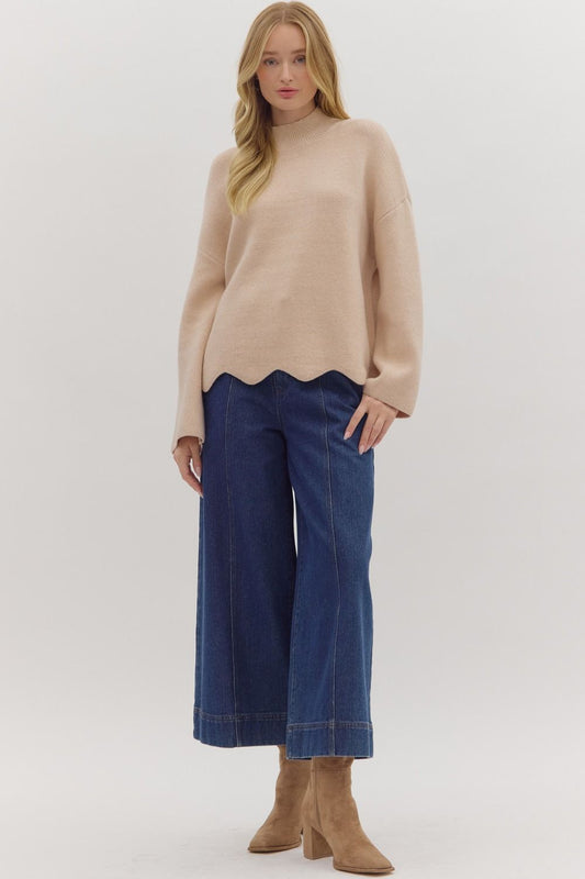 Long Sleeve Pullover Top w/Scallop Hem - Oatmeal