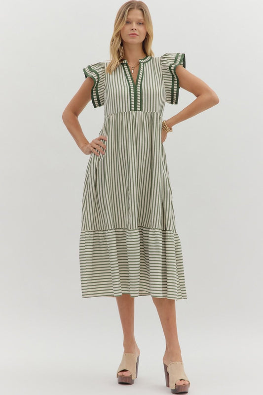 Textured Stripe Pattern Tiered Dress w/Ruffle Flutter Sleeve-Pine