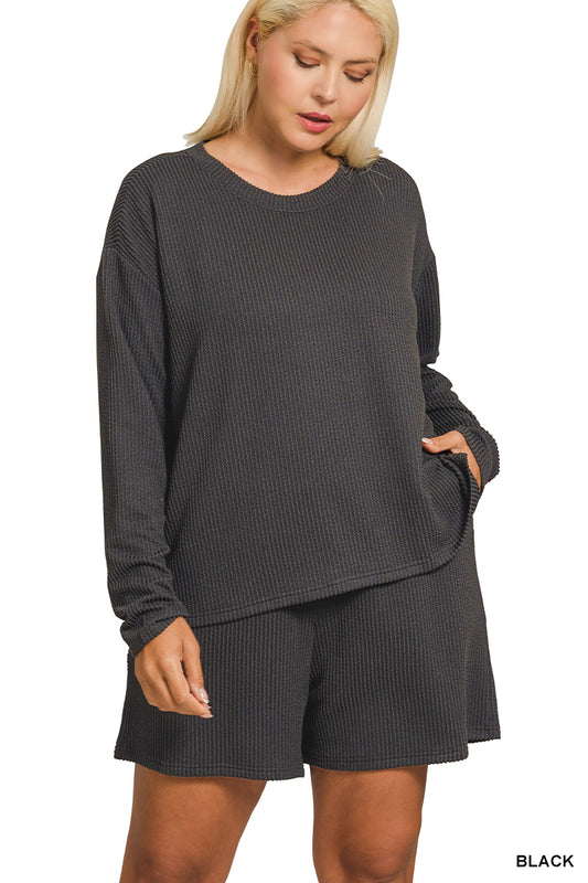 Plus Raised Rib Long Sleeve Tee & Shorts Set