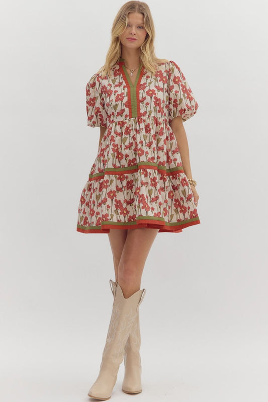 Floral Print Bubble Sleeve Mini Dress - Rust