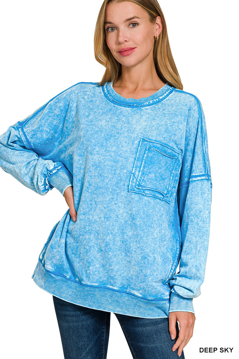 French Terry Acid Wash Front Pocket Pullover With Pockets