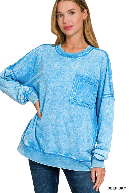 French Terry Acid Wash Front Pocket Pullover With Pockets