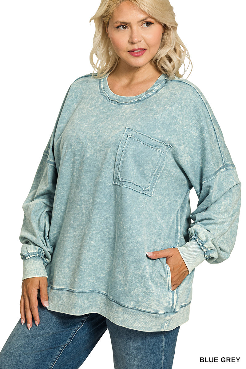 PLUS French Terry Acid Wash Front Pocket Pullover With Pockets
