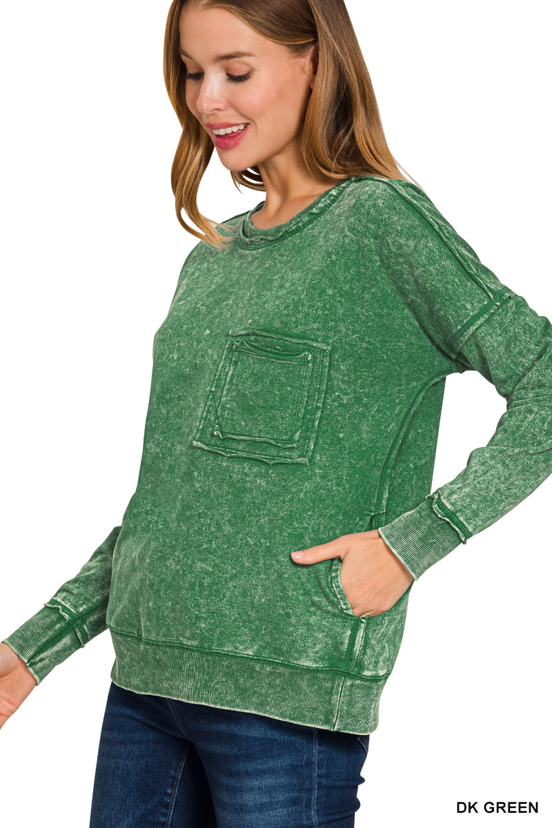 French Terry Acid Wash Front Pocket Pullover With Pockets
