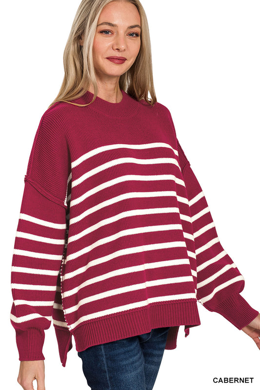 Exposed Seam Striped Oversized Sweater - Cabernet