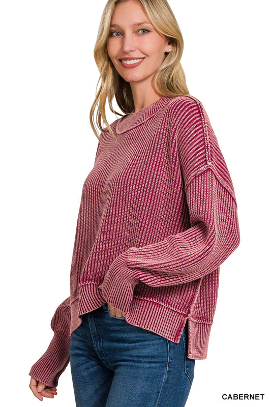 Side Slit Oversized Cropped Sweater - Cabernet