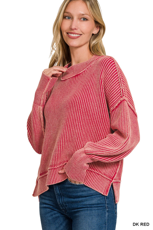Side Slit Oversized Cropped Sweater - Dark Red