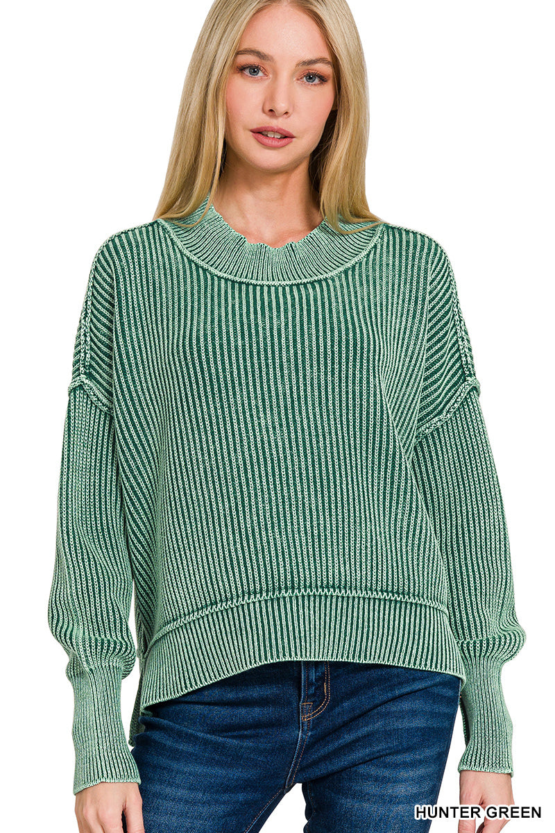 Side Slit Oversized Cropped Sweater - Dk Green