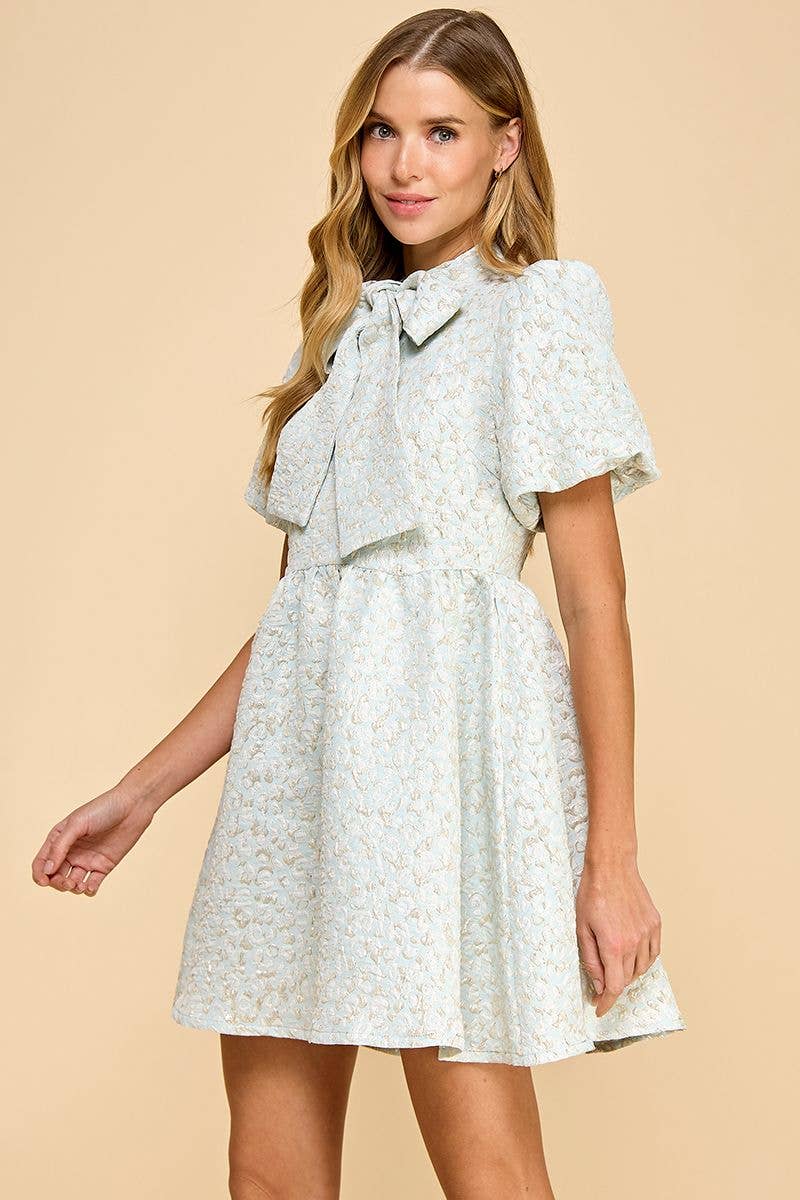 Jacquard Puff Sleeve Bow Detail Dress