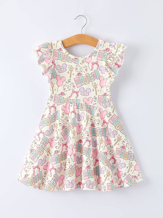 Pastel Magical Theme Girls Flutter Sleeve Dress