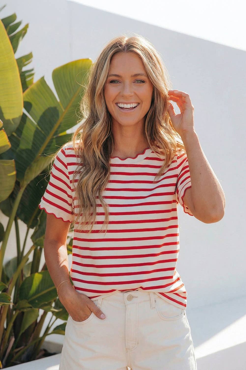 Stripe Scalloped Trim Round Neck T-Shirt