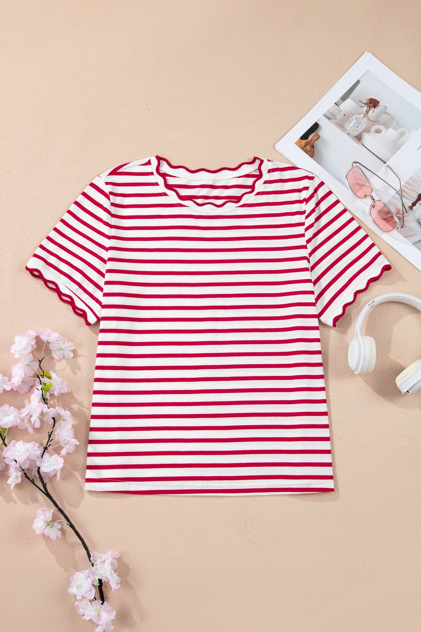 Stripe Scalloped Trim Round Neck T-Shirt