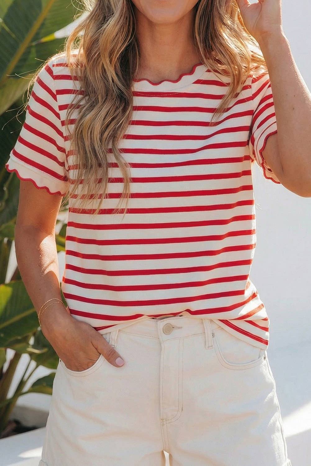 Stripe Scalloped Trim Round Neck T-Shirt