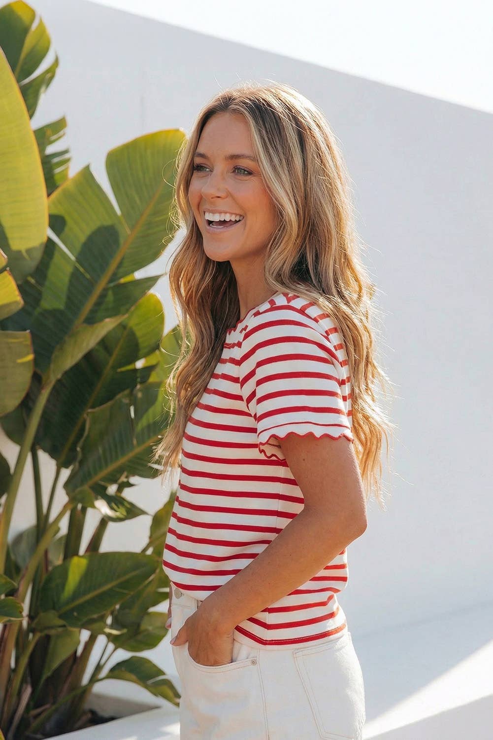 Stripe Scalloped Trim Round Neck T-Shirt