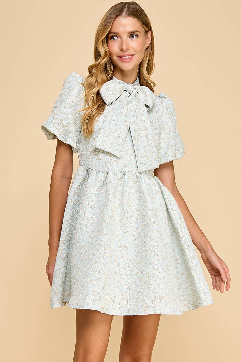 Jacquard Puff Sleeve Bow Detail Dress