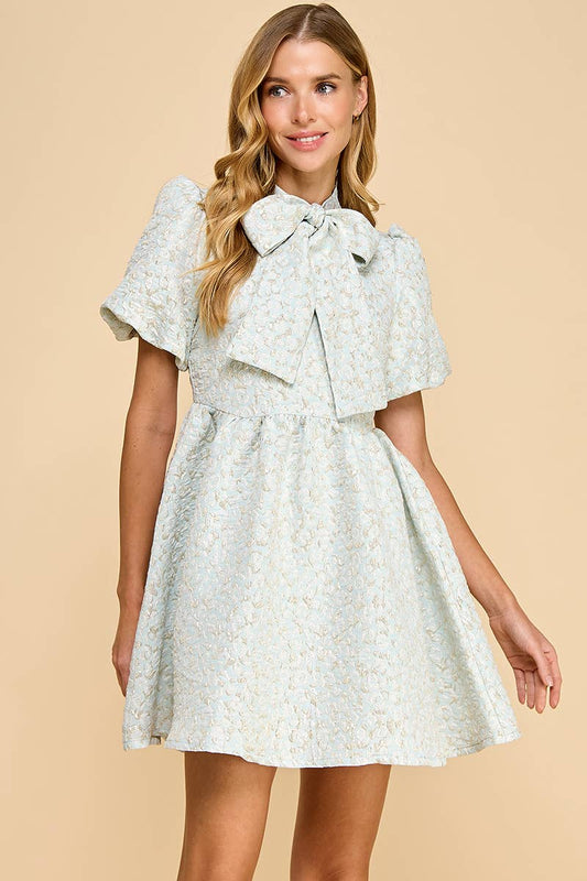 Jacquard Puff Sleeve Bow Detail Dress