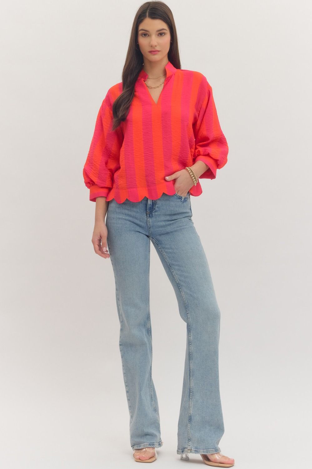 Striped Balloon Sleeve V-Neck Top *