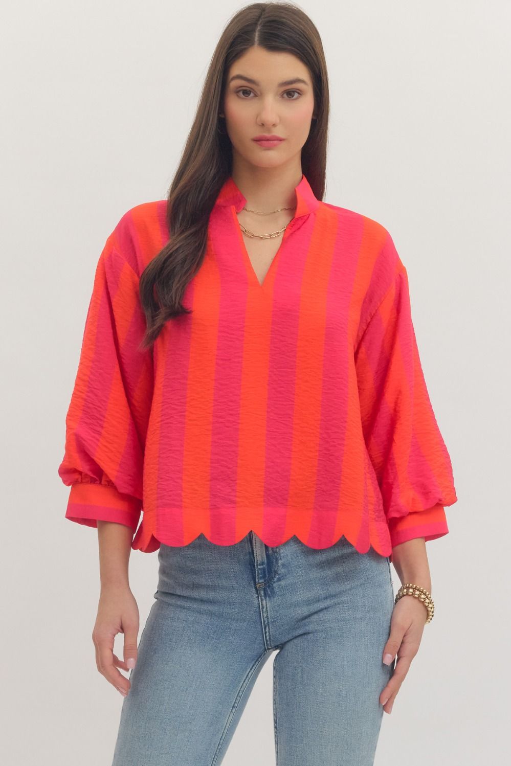 Striped Balloon Sleeve V-Neck Top *
