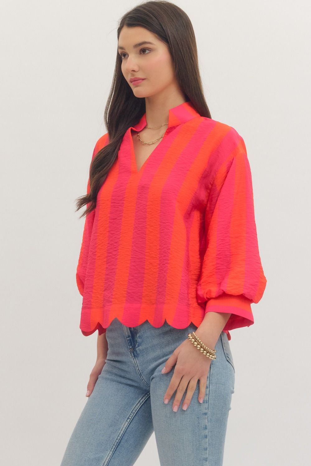 Striped Balloon Sleeve V-Neck Top *