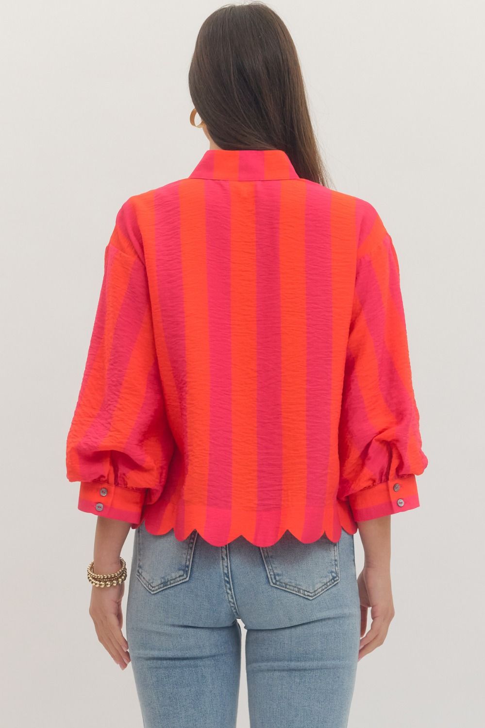 Striped Balloon Sleeve V-Neck Top *