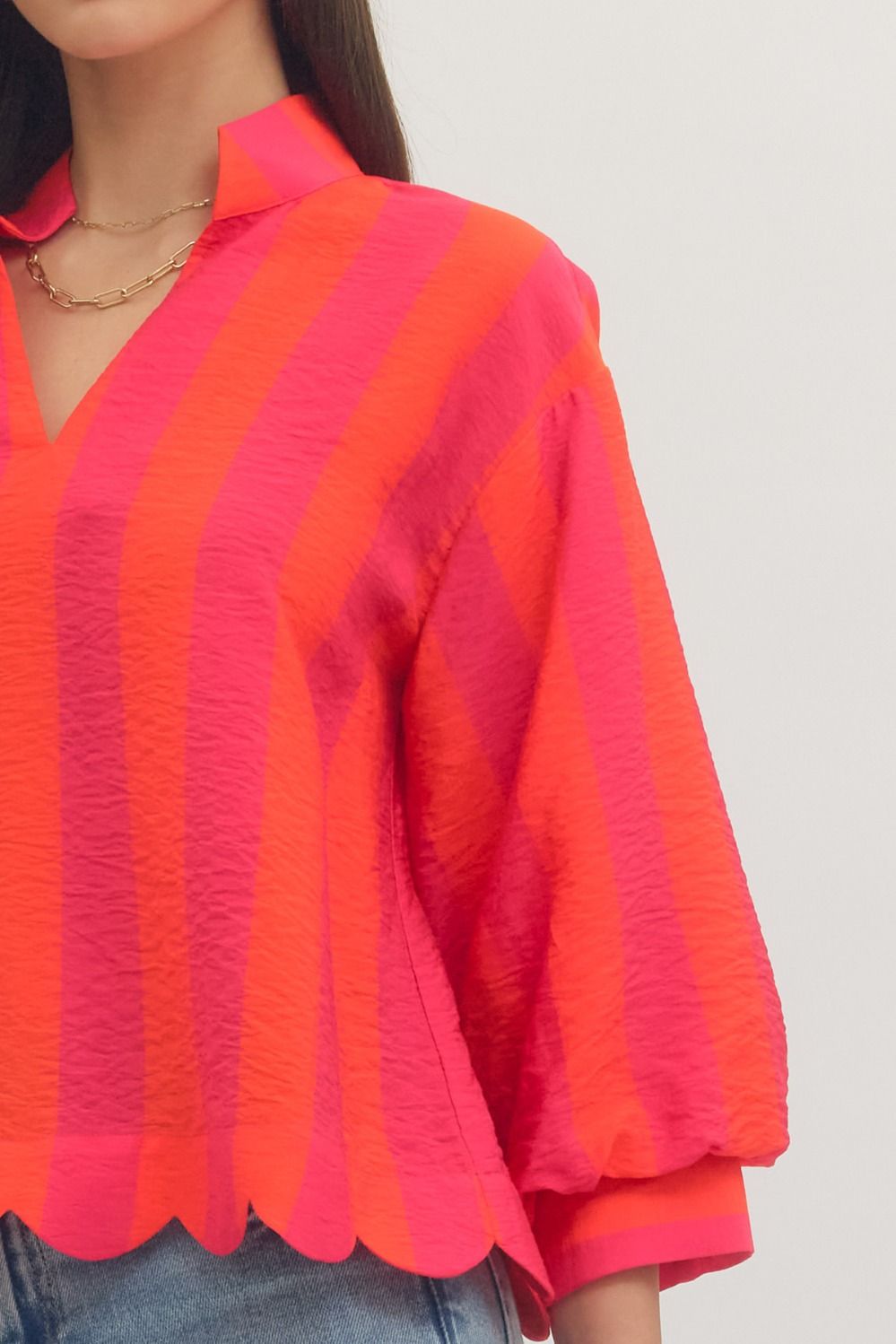 Striped Balloon Sleeve V-Neck Top *