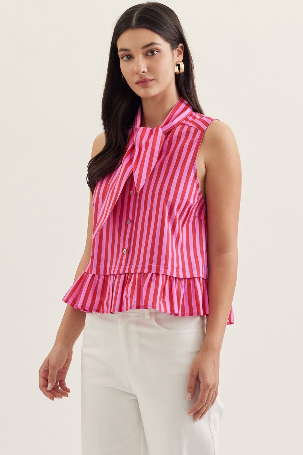Striped Sleeveless Peplum Top w/ Tie Neck