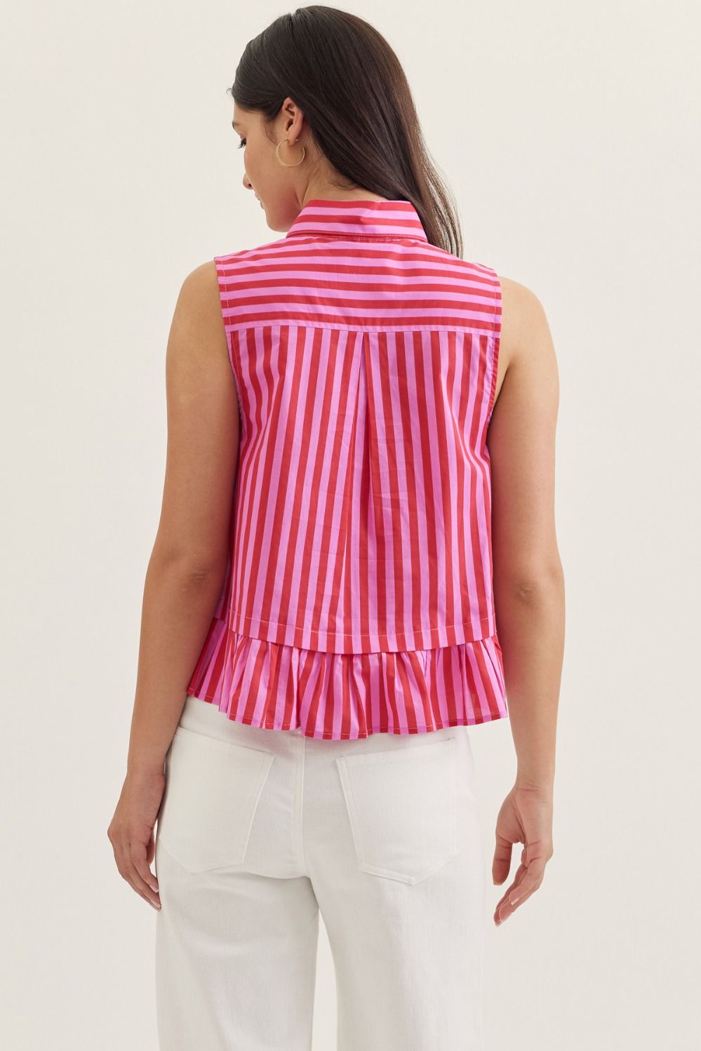 Striped Sleeveless Peplum Top w/ Tie Neck
