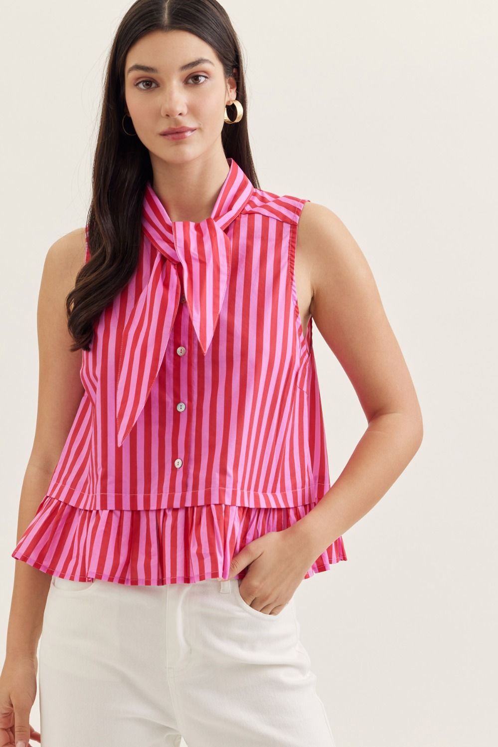 Striped Sleeveless Peplum Top w/ Tie Neck