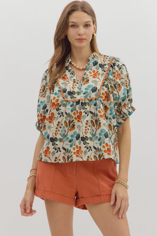 Scallop Trim Botanical Print Top - Ivory