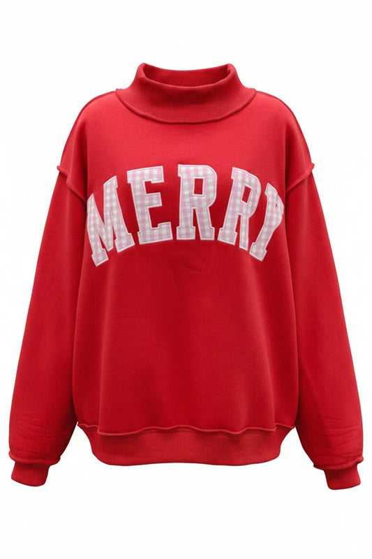 'MERRY' Embroidered Mock Neck Sweatshirt