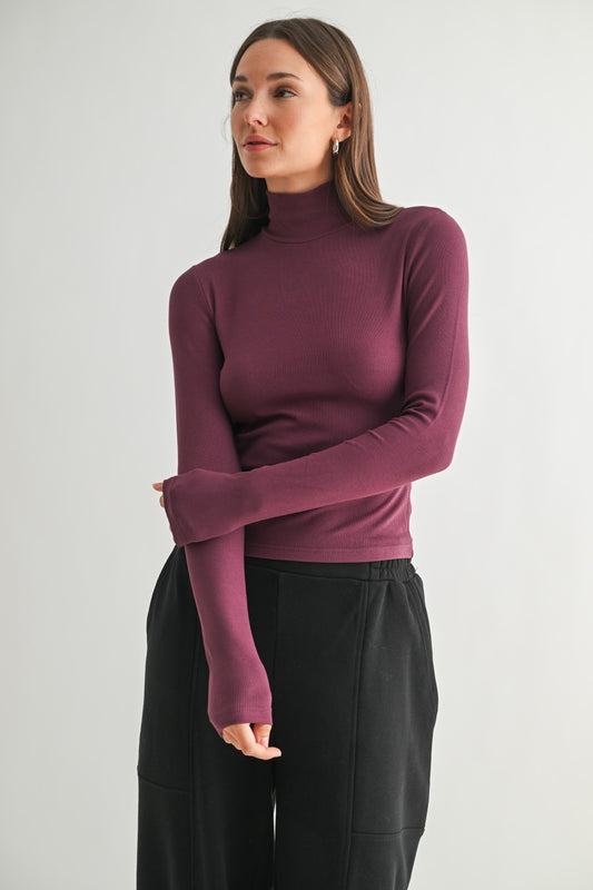 Micro Ribbed Long Sleeve Turtleneck - Dark Plum