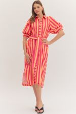 Striped Short Puff Sleeve Midi Dress