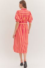 Striped Short Puff Sleeve Midi Dress