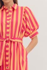Striped Short Puff Sleeve Midi Dress